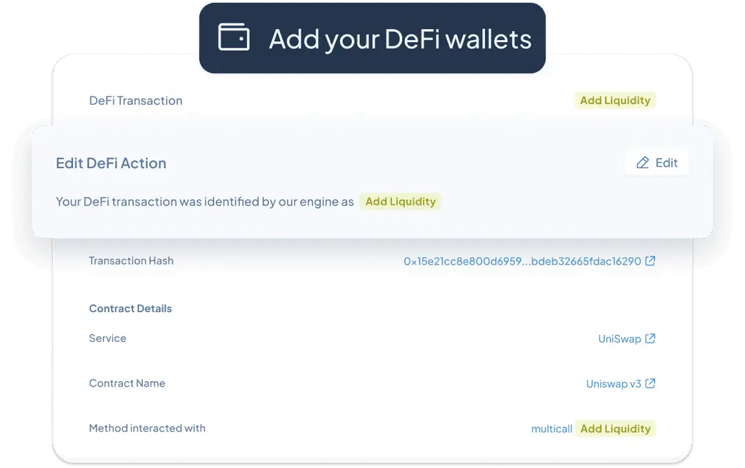 Interface showing an imported DeFi wallet transaction automatically labeled ‘Add Liquidity’ for profit-and-loss calculation.