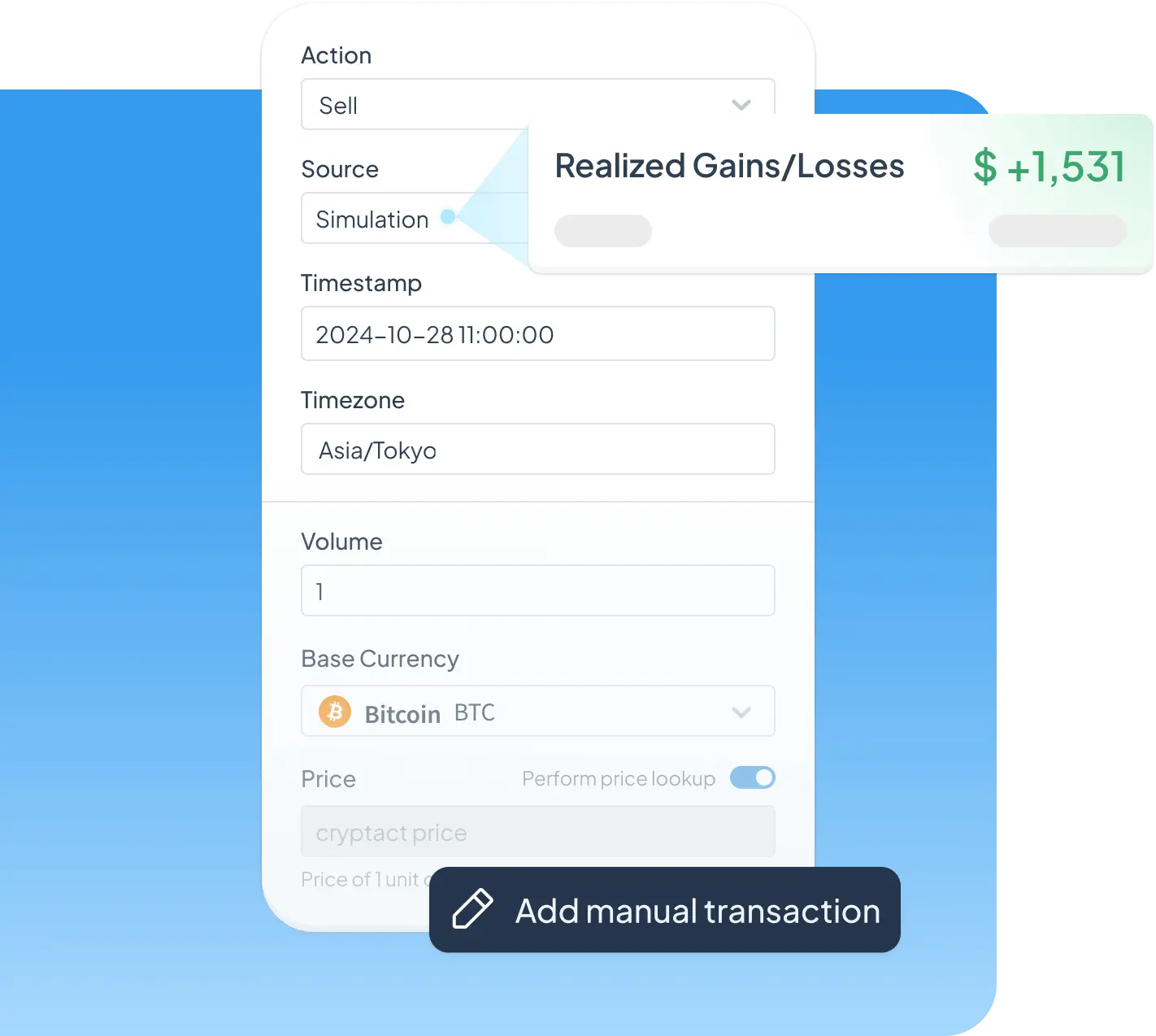 Manual entry form for a simulated crypto sell trade showing a projected gain of $1,531.