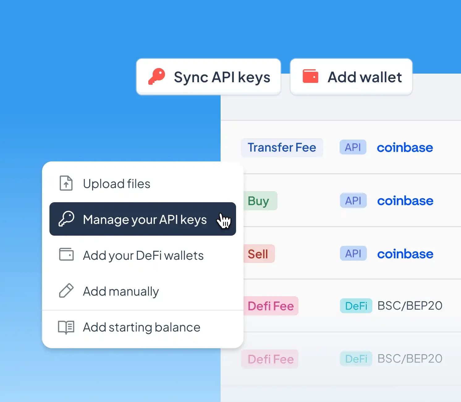 cryptact menu highlighting ‘API integration’ alongside wallet-connect and other data-import options.