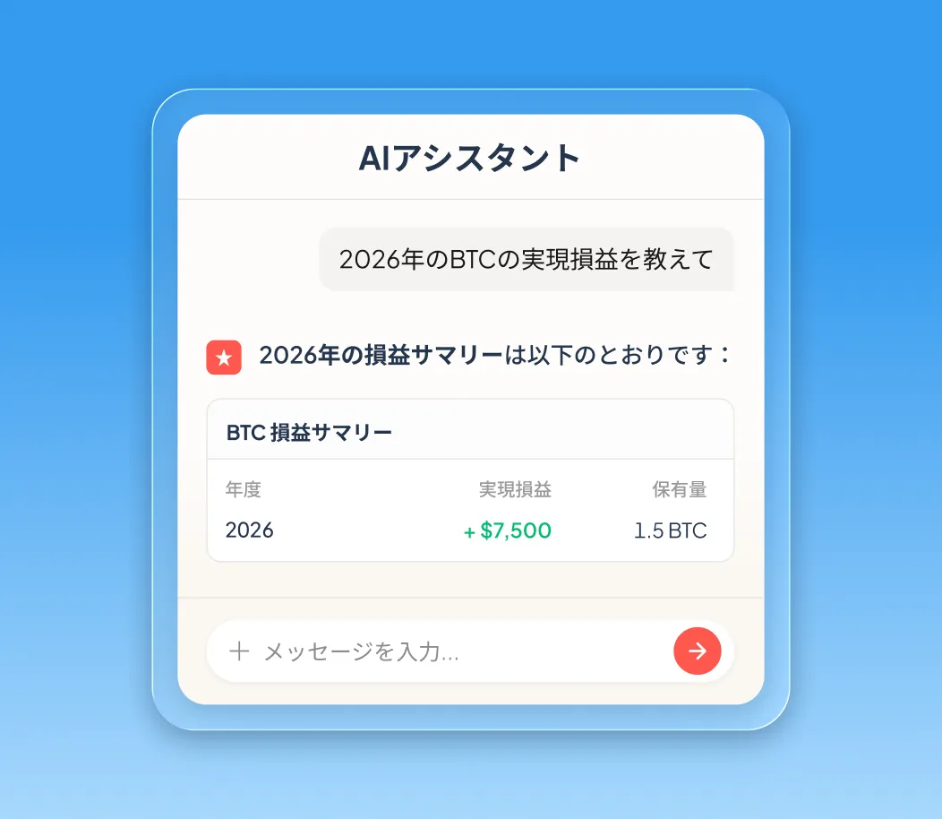 クリプタクトのBTC損益サマリーを表示するAIアシスタントチャット。